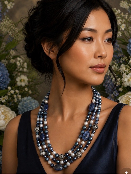 Lucas Lameth Jewelry - LUCAS LAMETH Sterling Triple-Strand Faceted Sodalite & Cultured Pearl Necklace